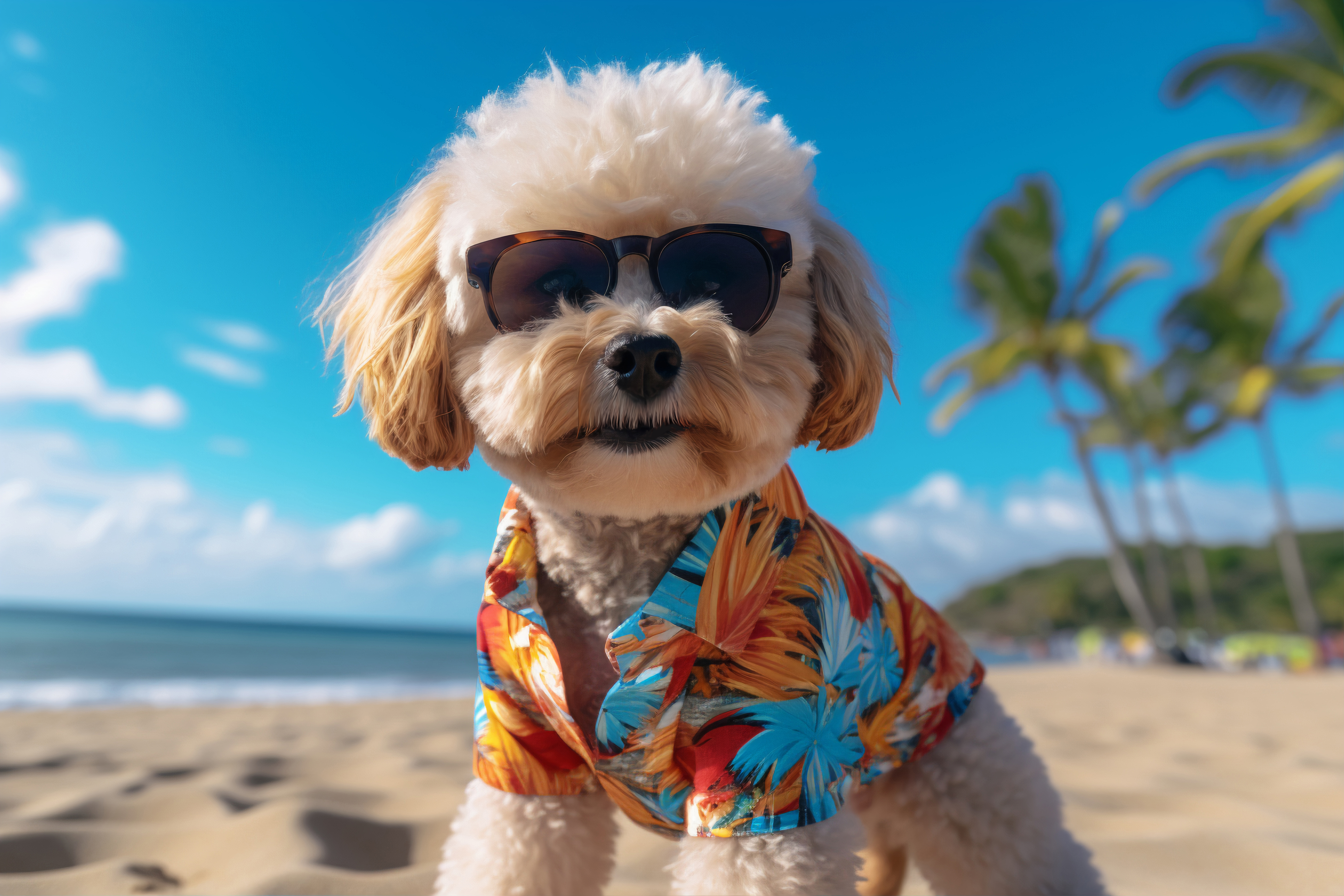 Hund på strand med solbriller og hawaiskjorte